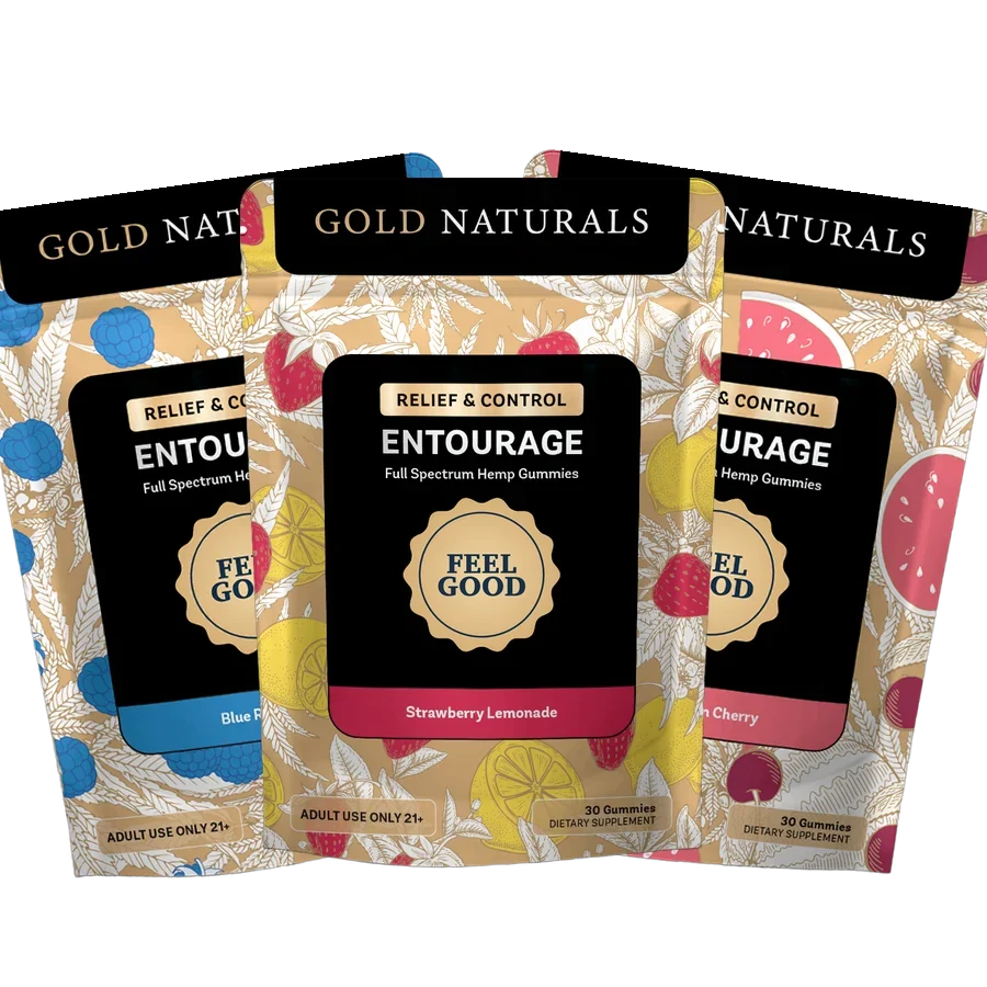 Gold Naturals Entourage gummy pouches in three flavors